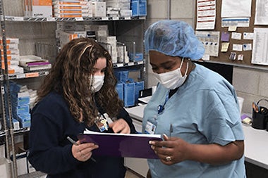 Health professionals looking at a chart